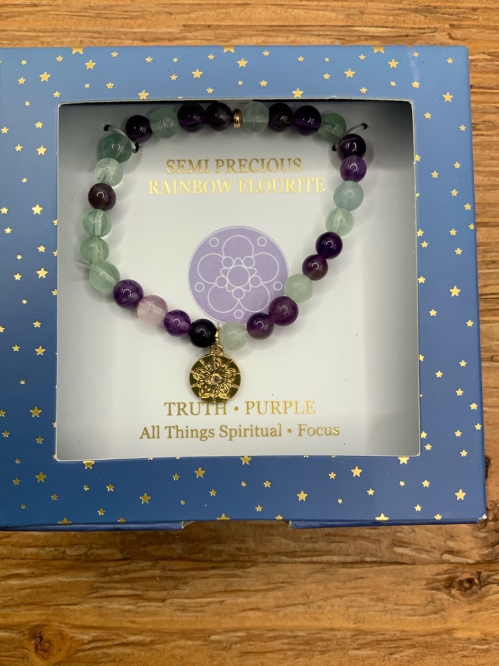 All Things Spiritual Semi Precious Rainbow Flourite Purple Beaded Bracelet